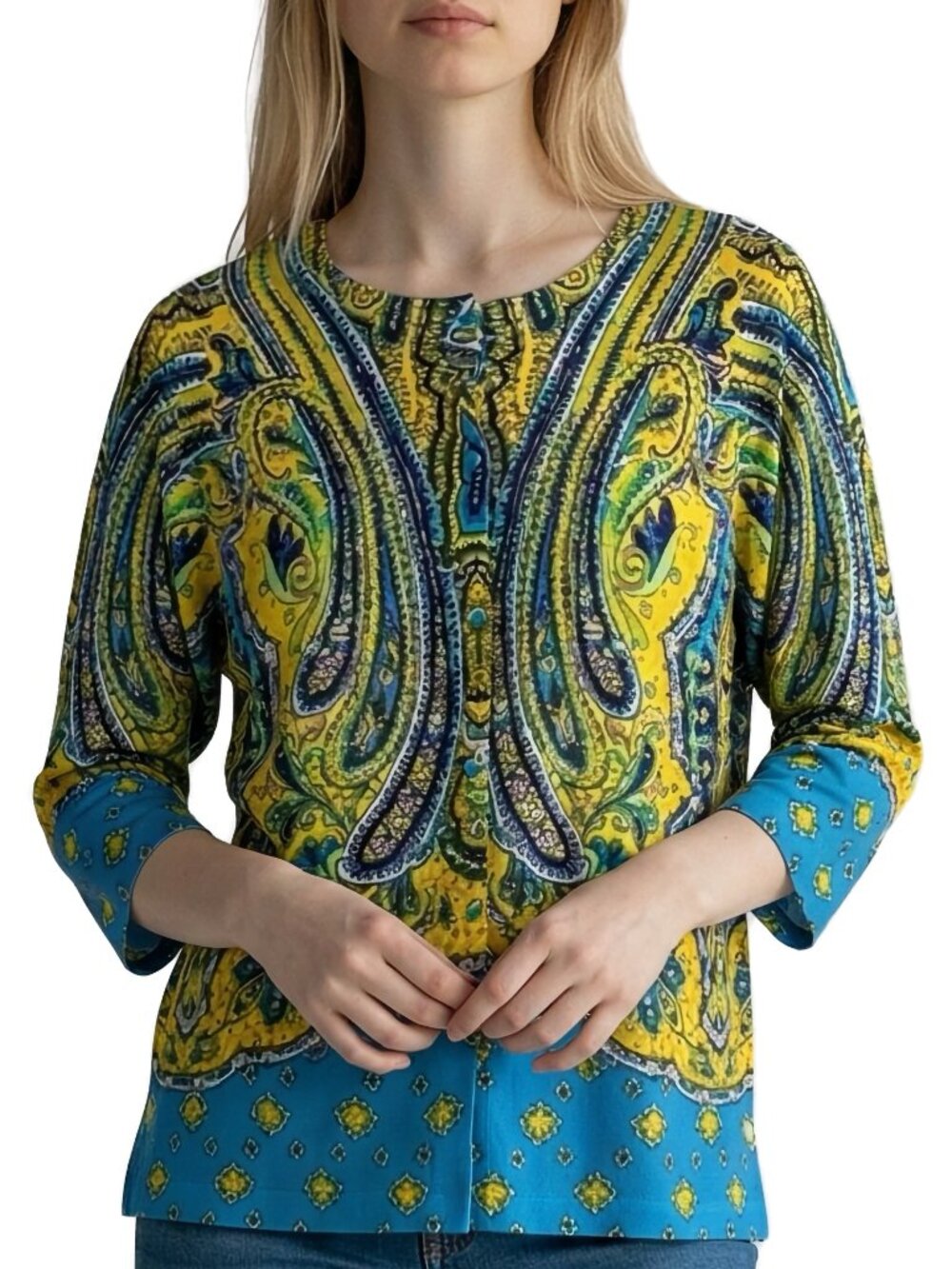 Isaac Mizrahi Paisley Cardigan Boho Knit Blue Yellow 3/4 Sleeve XL